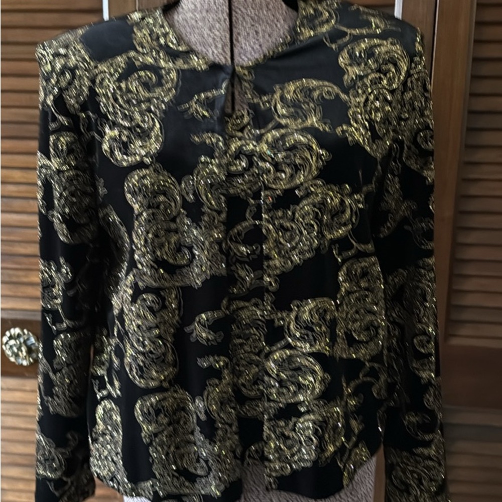 R&K Evening Black and Gold Patterned Women's Top with Jacket Size 10